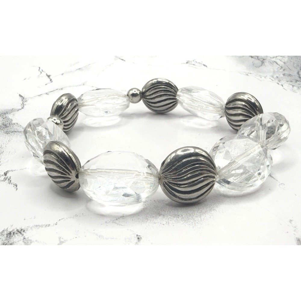 Clear Faceted Bead Stretch Bracelet Silver Tone‎ Accent Beads Chunky 7.75
